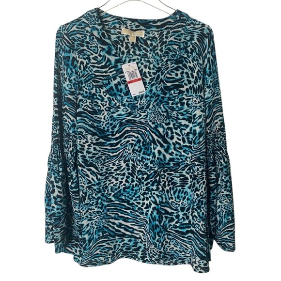 Michael Kors blouse bell sleeves size XS black blue long sleeve V Neck tunic NWT - Picture 1 of 8
